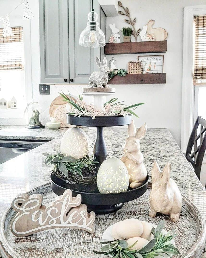 Beige and Gray Easter Decor on a Black Tiered Tray