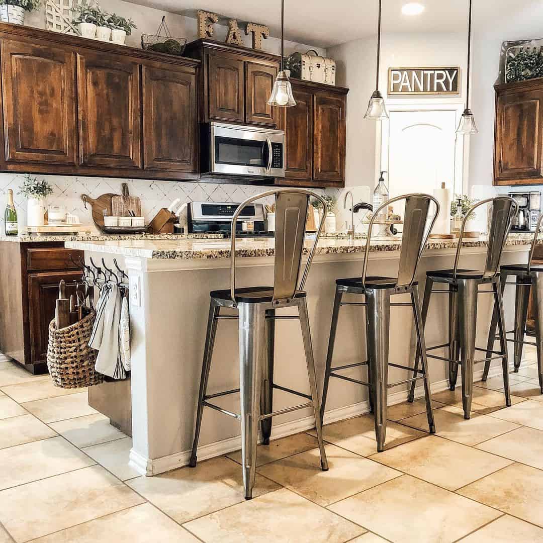 Chic Gray Kitchen Island with Matching Metal Bar Chairs