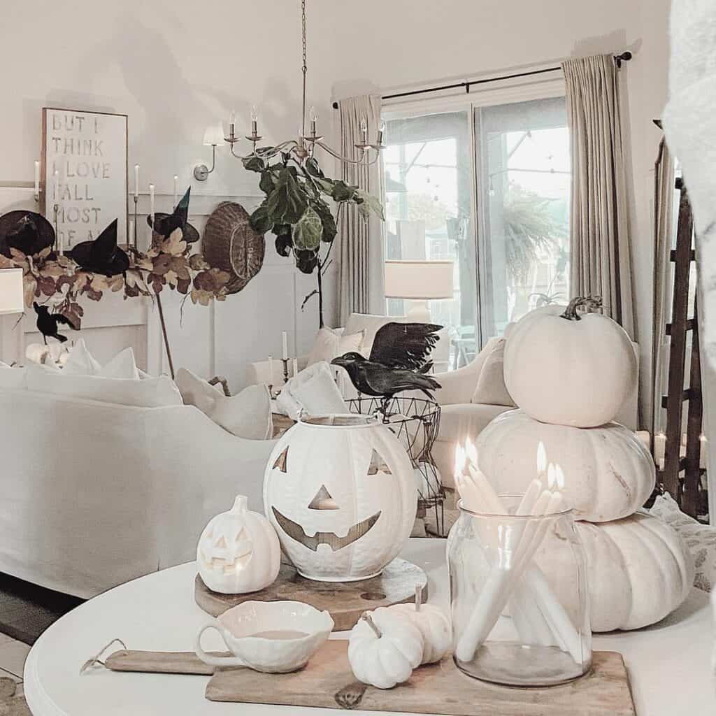 Chic White Pumpkin Halloween Decor on Side Table