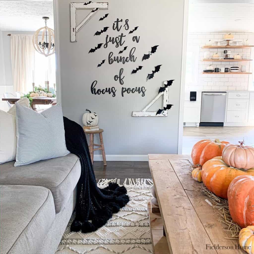 Contemporary Living Room Enhanced by Pumpkins and Bats