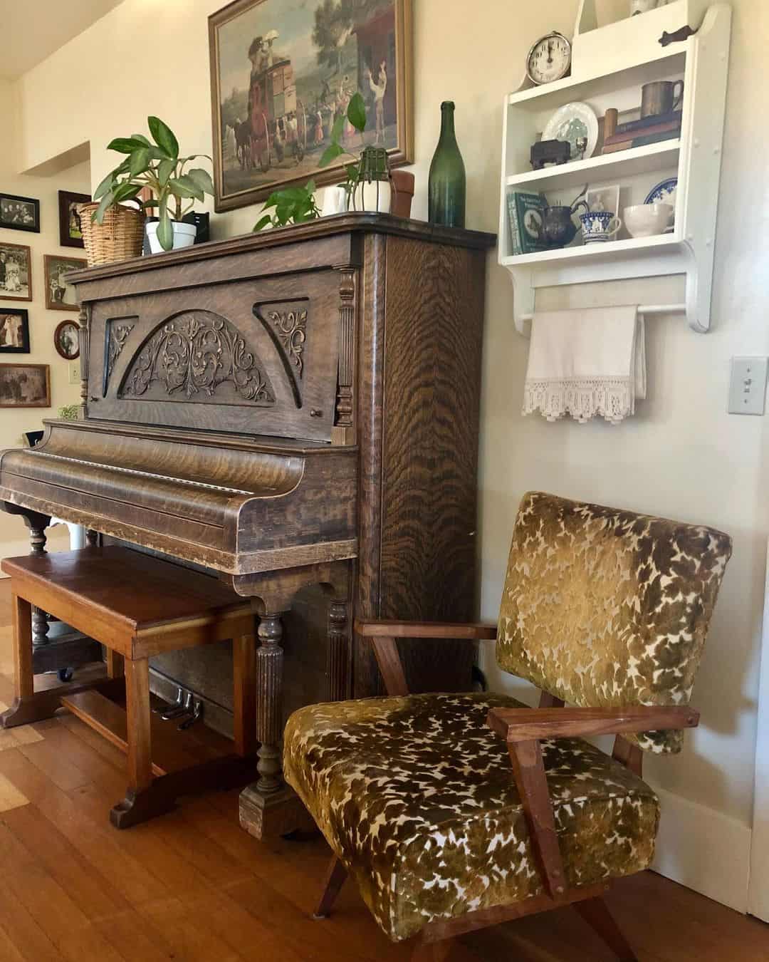 Cowhide Armchair and Vintage Piano