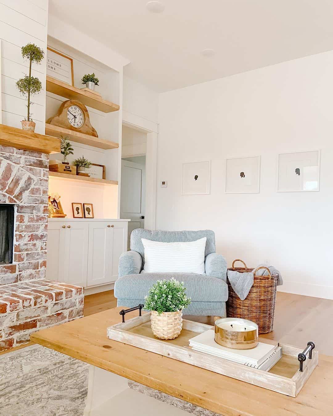 Cozy Living Room with Brick Fireplace and Built-in Shelves