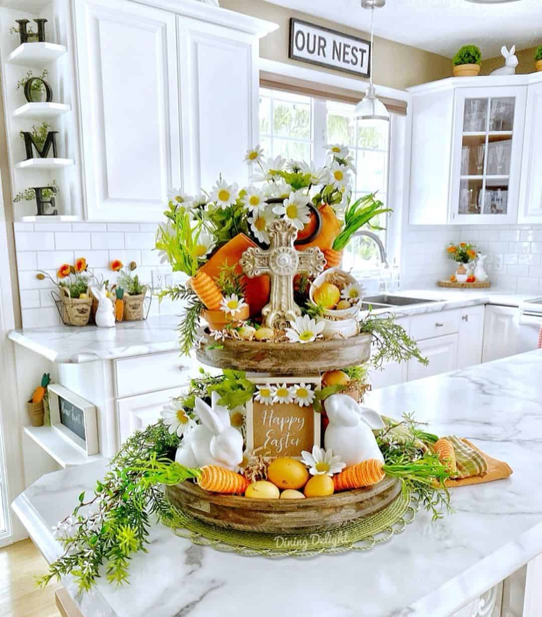 Displaying White and Orange Easter Decor on a Wood Tiered Tray