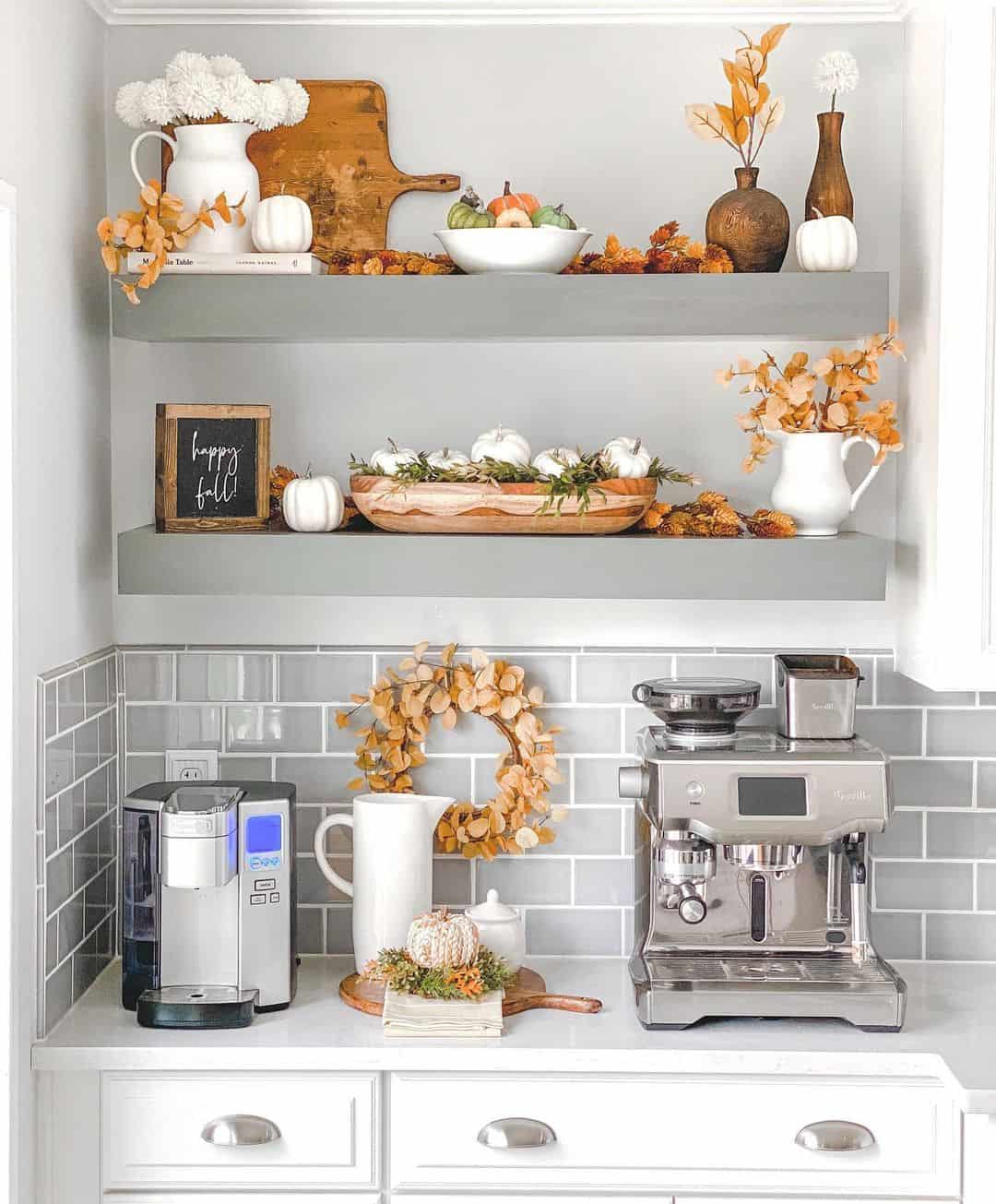 Fall-Inspired Kitchen Charm with Gray Open Shelving