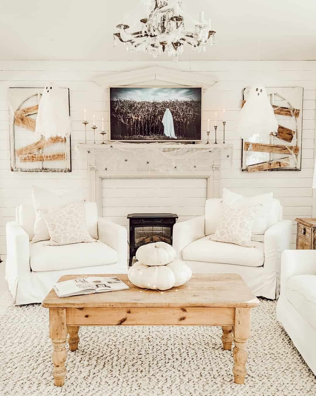 Farmhouse Elegance Living Room with Ghostly Delights