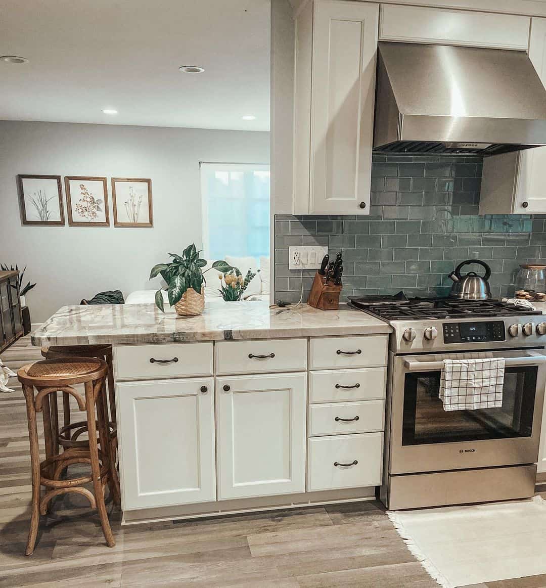 Farmhouse Kitchen Infused with Bohemian Flair and Italian Marble Countertops