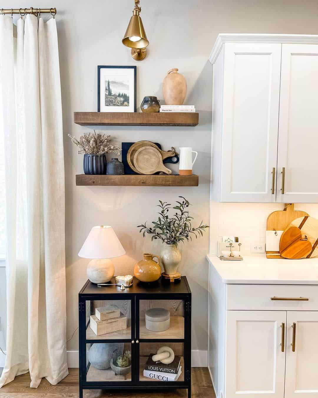 Illuminated Elegance in a White Kitchen with Warm Wood Shelves