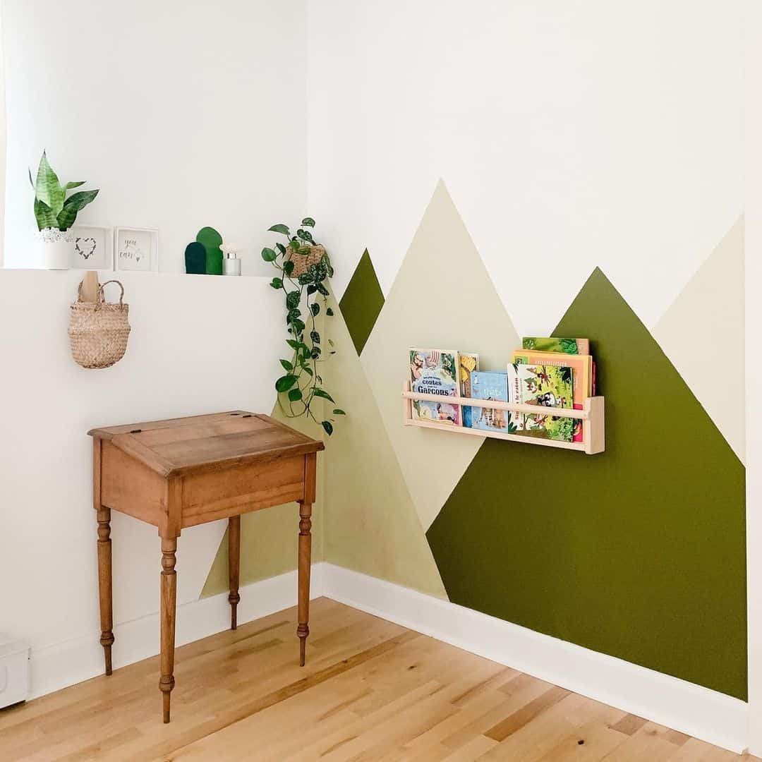Kid’s Study Nook with Vibrant Green Geometric Accent Wall
