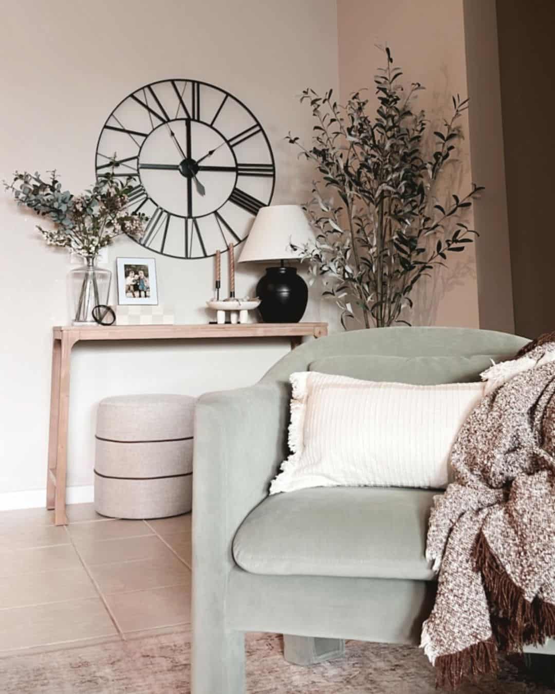 Living Room with Black Wall Clock and Olive Tree