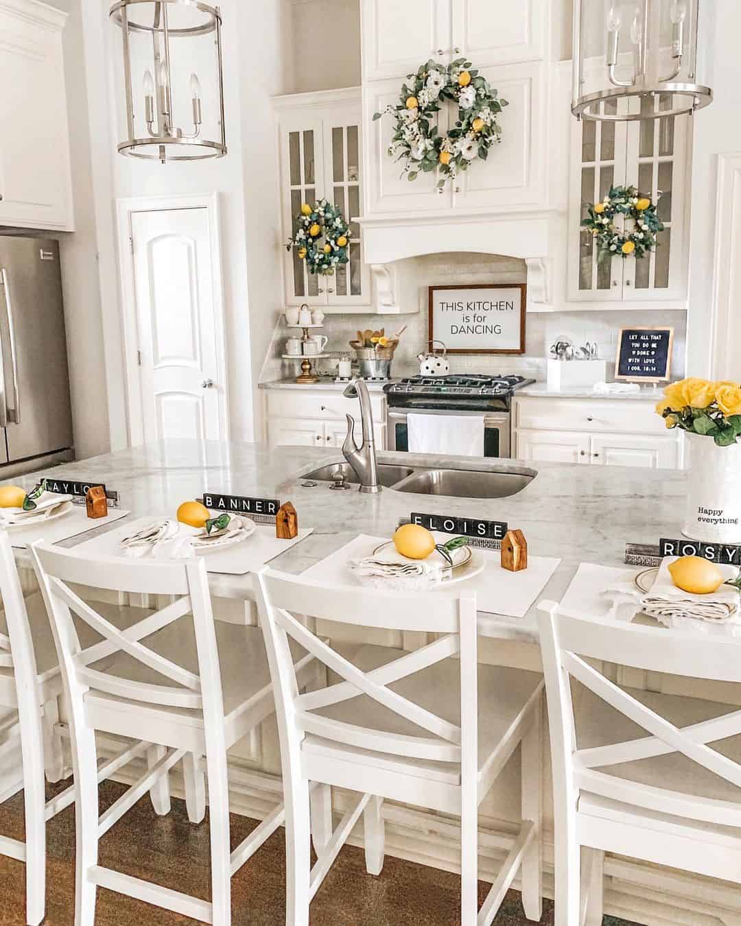 Luminous Yellow Highlights in a White Farmhouse Kitchen