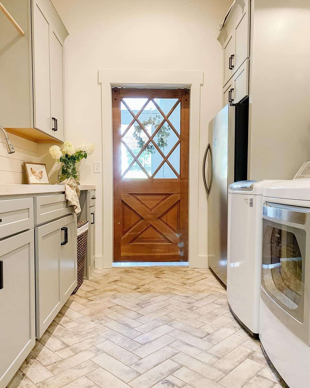 Natural Wood Door Trimmed with White Lattice