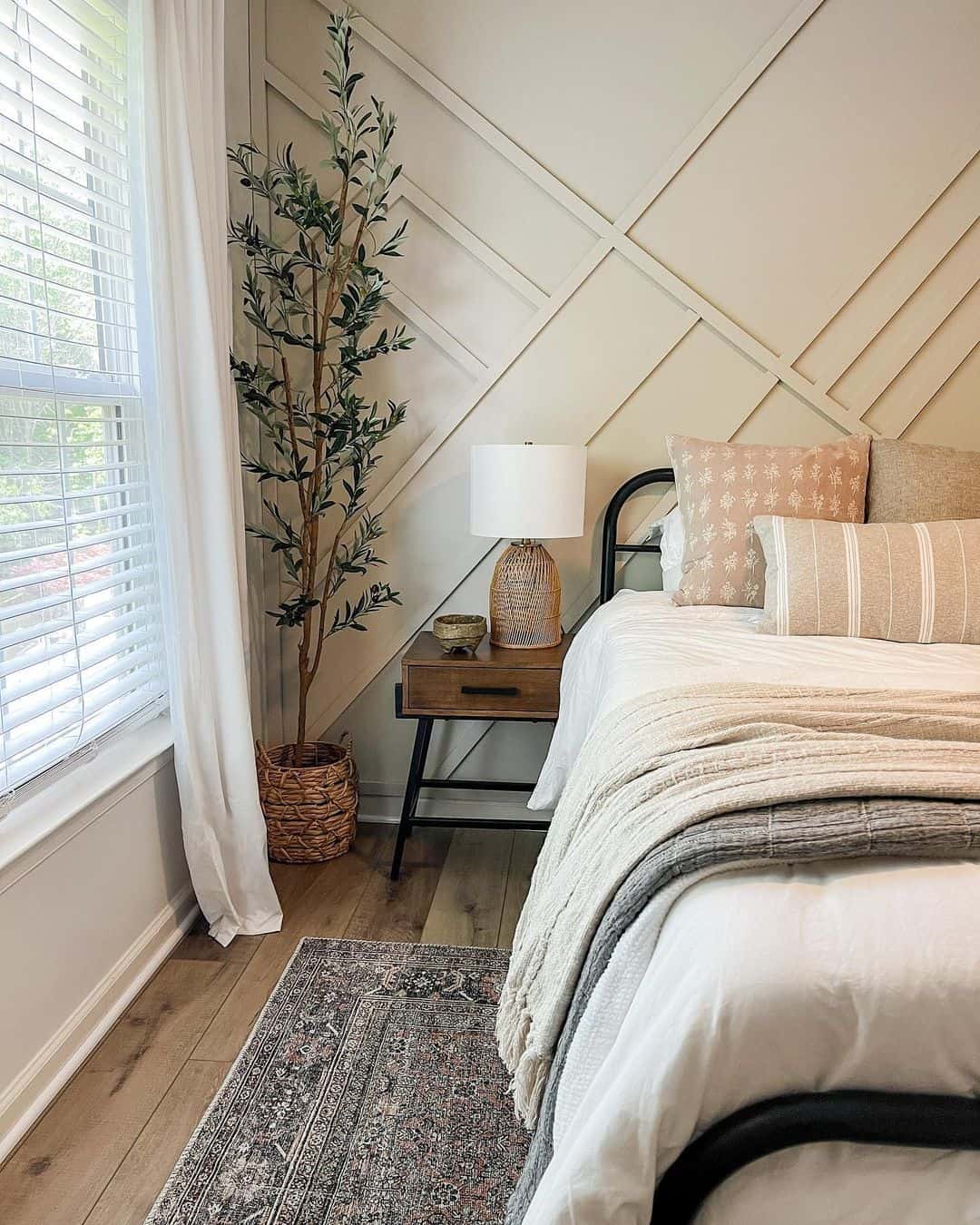 Serene Guest Bedroom with Beige Wall and Geometric Molding