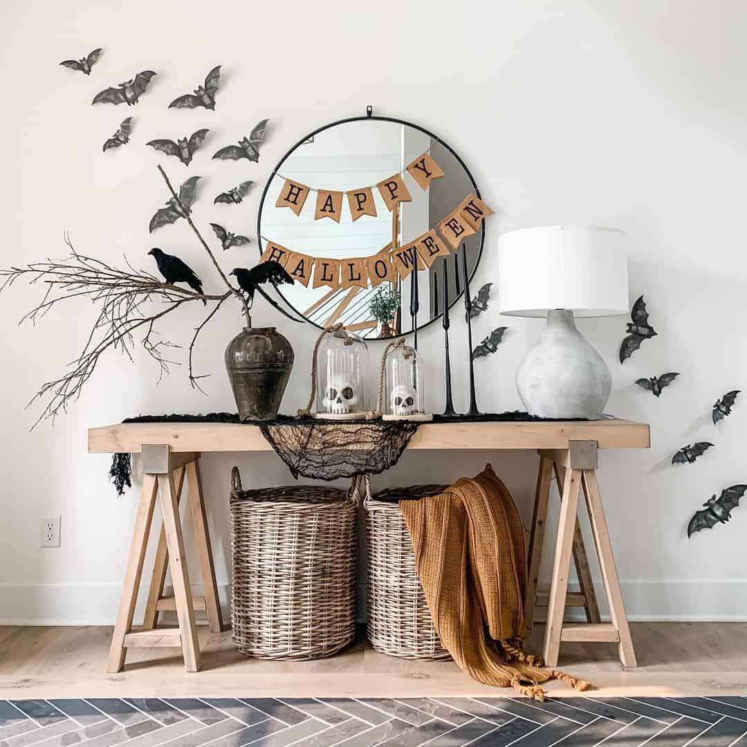Spooky Entryway adorned with Halloween Raven and Bat Decor
