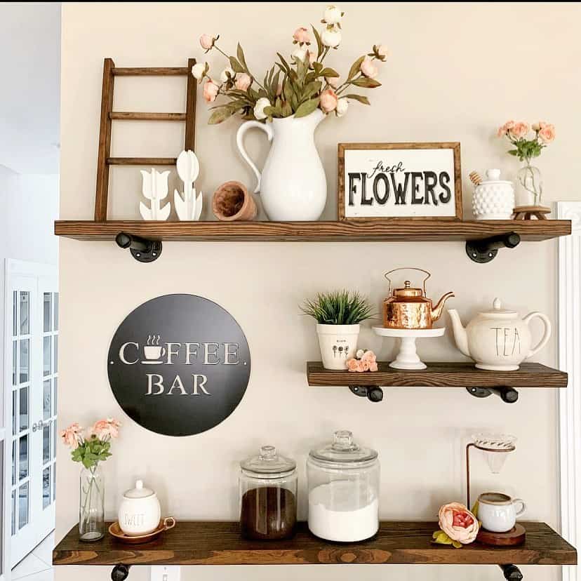 Spring's Cozy Wooden Kitchen Shelf Decor