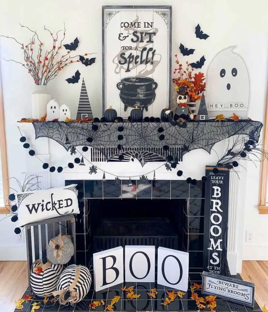 Stylish Black and White Fireplace Decor for Halloween