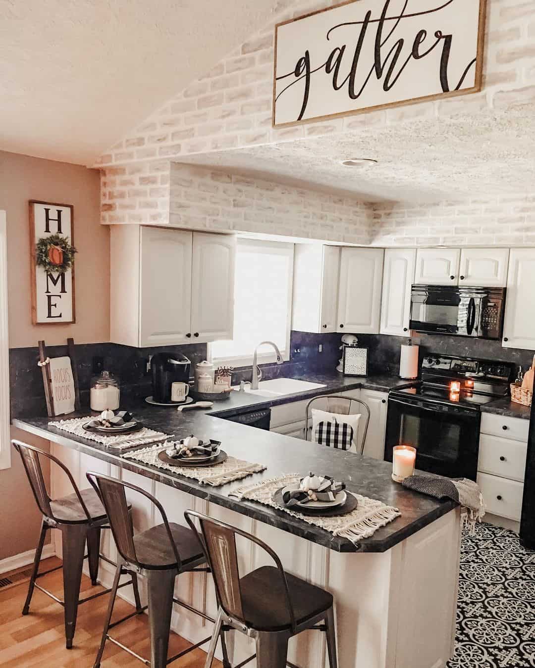 Stylish Gray Metal Chairs Elevate White Kitchen Peninsula