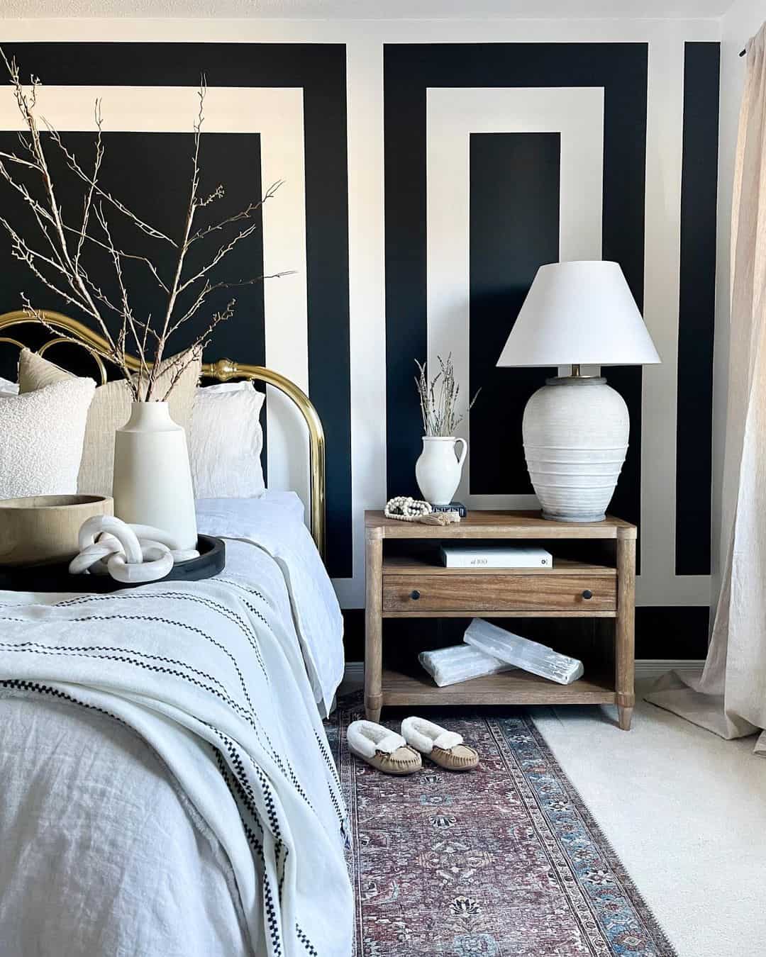 Timeless Monochrome Bedroom with a Geometric Accent Wall