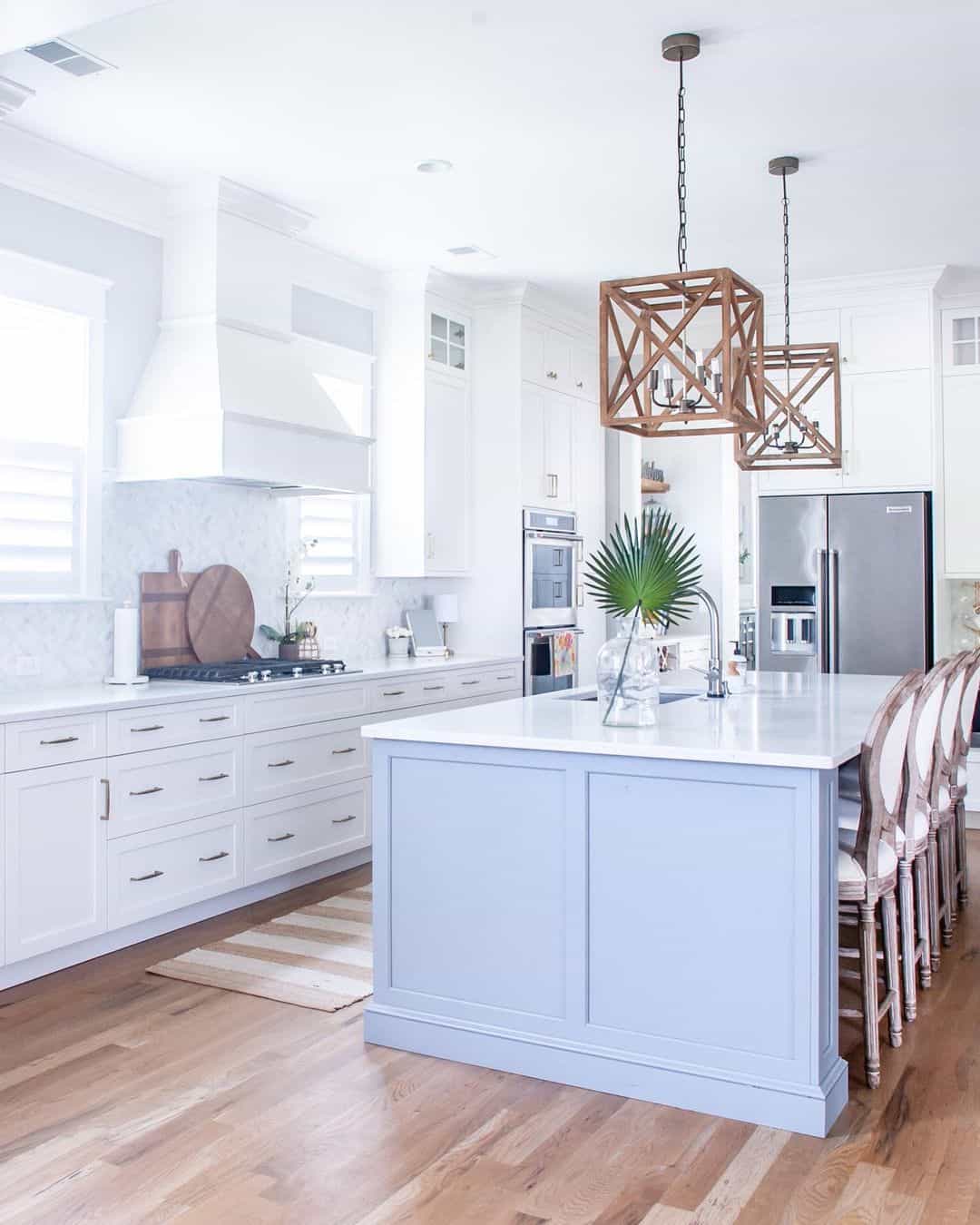 Tranquil Coastal Farmhouse Kitchen with Wooden Framed Lighting