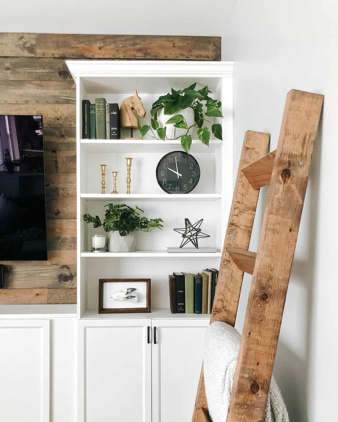 Utilizing Reclaimed Wood for Wall Design Behind Built-in Shelves