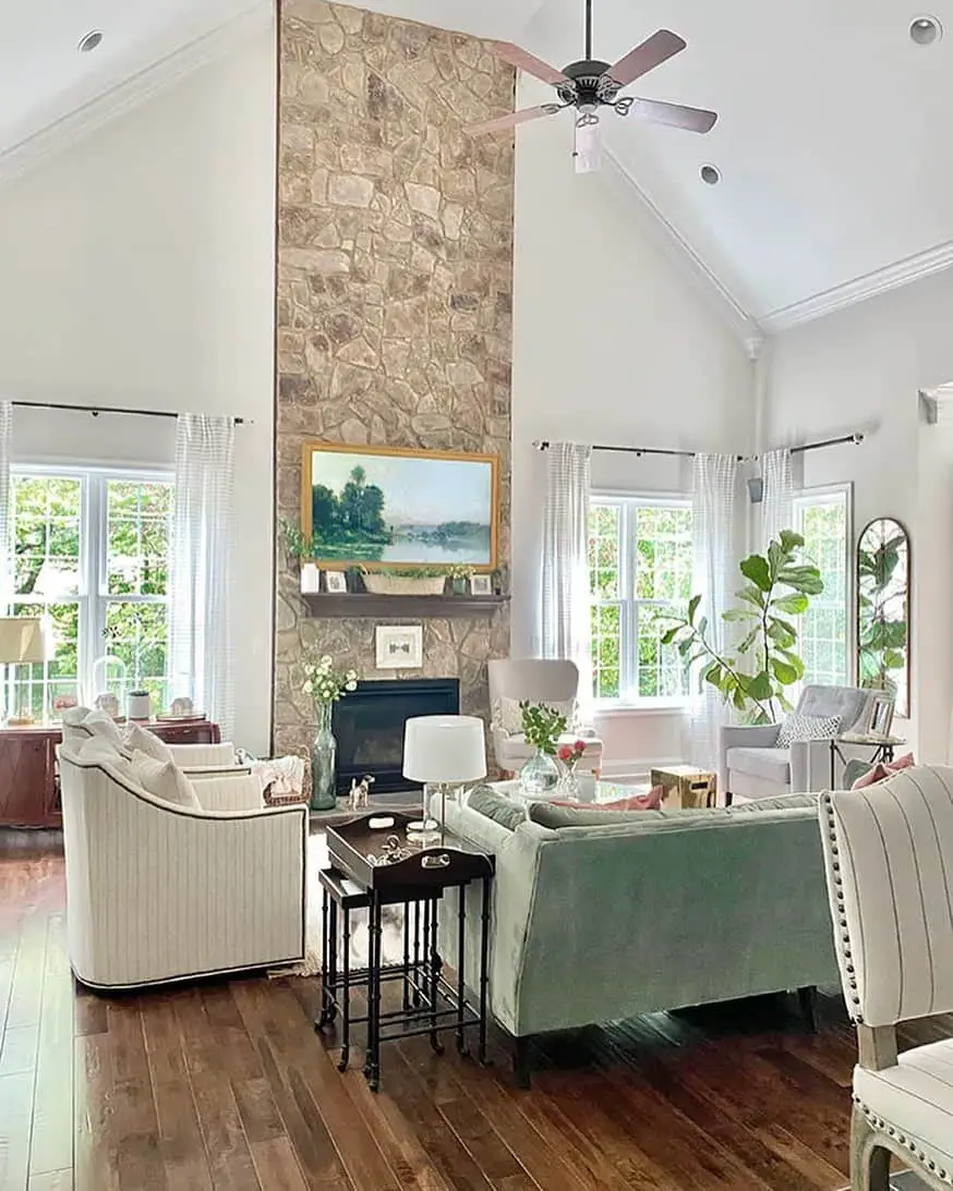 Vaulted Living Room Elegance with Green Velvet