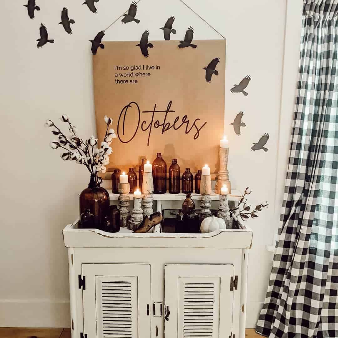 Vintage Charm Meets Flying Crows on a Side Table