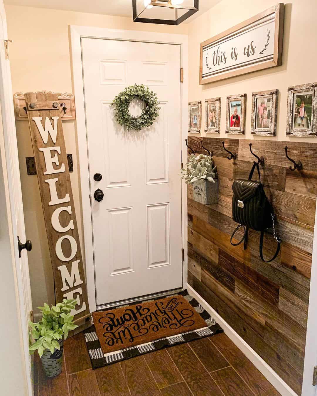 Warm Entryway Featuring a Rustic Wood Paneled Accent Wall