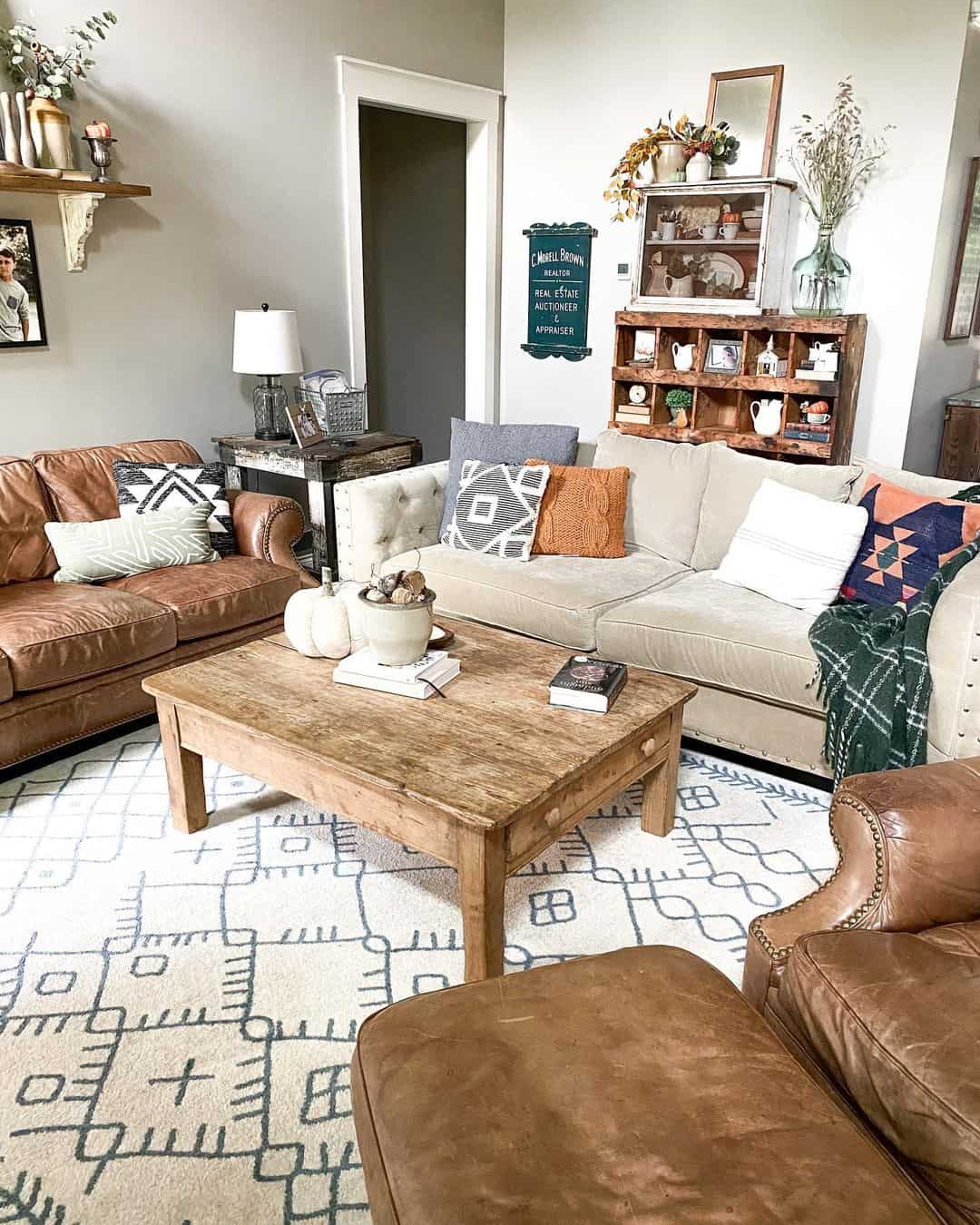 Warm Farmhouse Living Room with Rustic Coffee Table