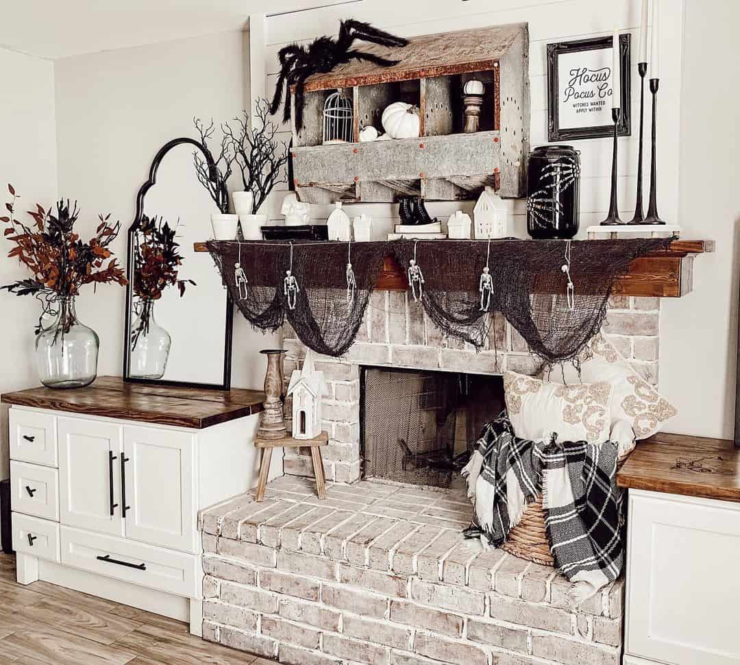 Whitewashed Brick Fireplace with Halloween Charm
