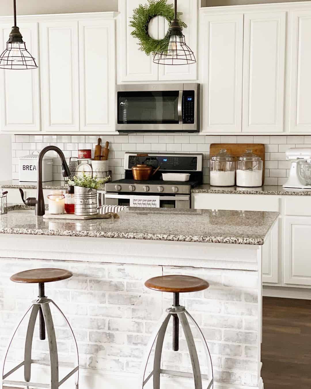 Wood Bar Stools in a Cozy Farmhouse Kitchen