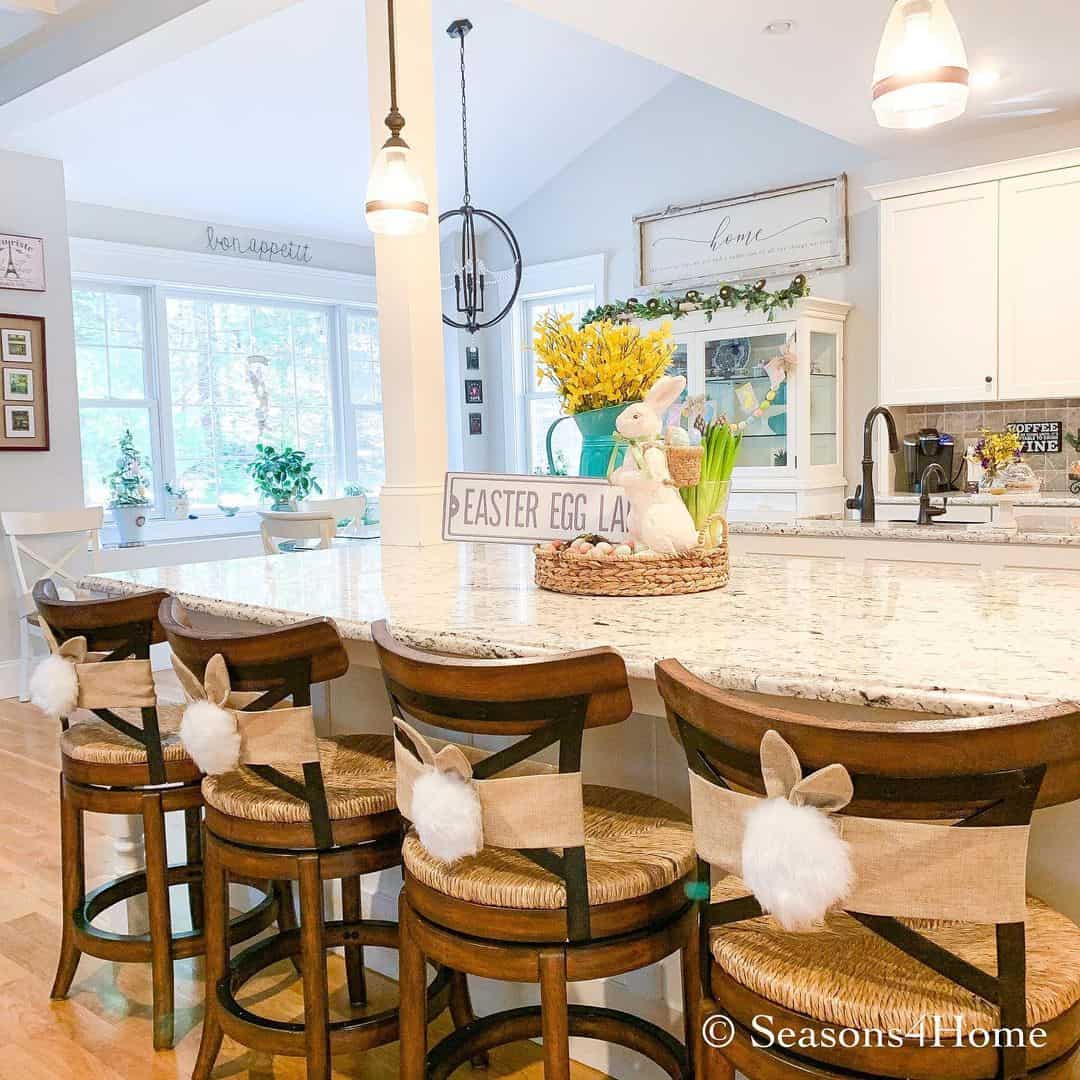 Wooden and Woven Bar Stools Dressed in Easter Sashes