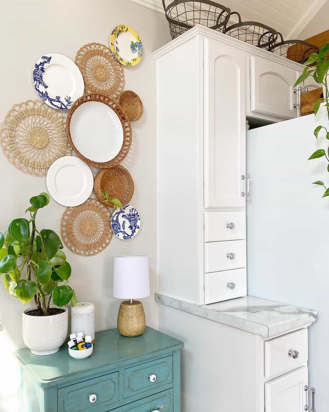 Artistry with Round Rattan Baskets and Vintage Plates
