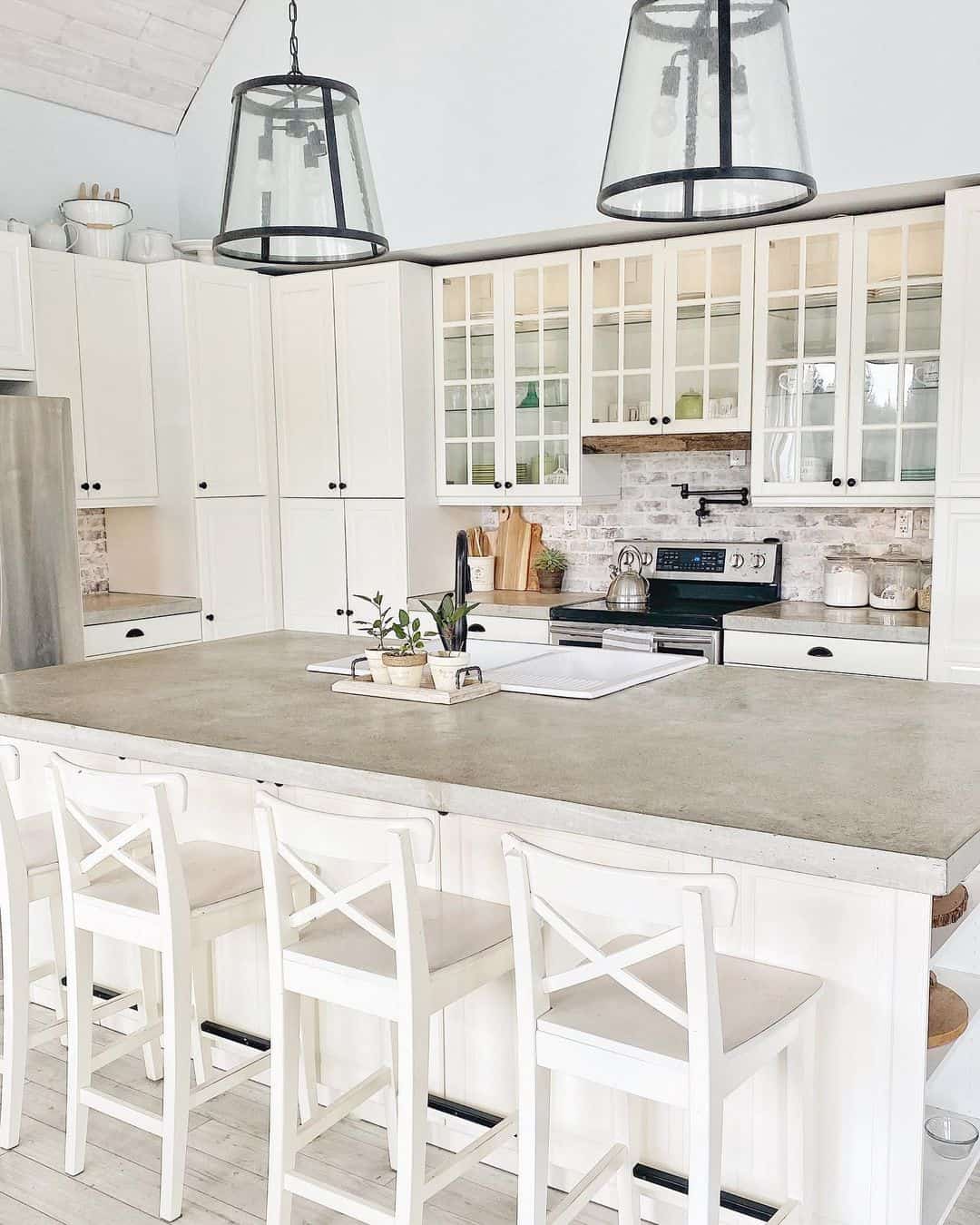 Blue Paint Accents and Limewashed Brick Backsplash