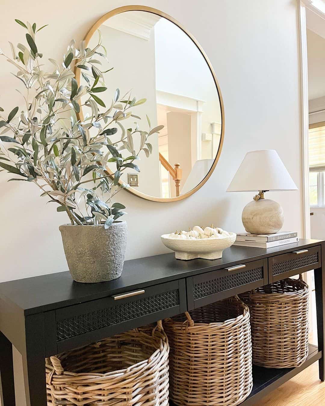 Contemporary Elegance with a Black Console Table and Woven Baskets