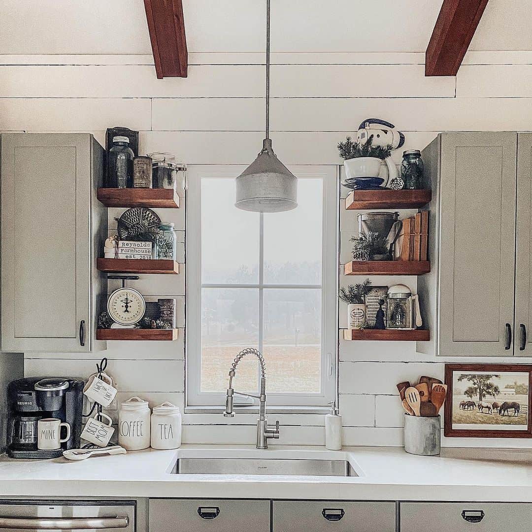 Farmhouse Kitchen with Wood Shelves