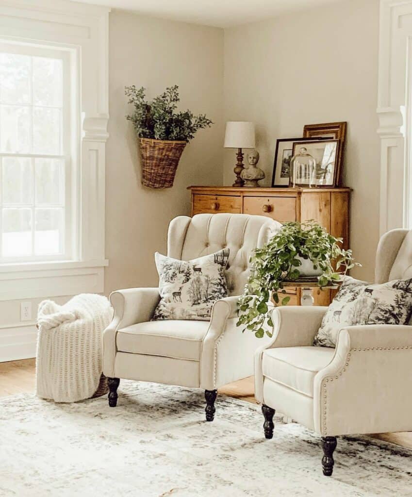 Inviting Farmhouse Living Room Adorned with Vintage Elements