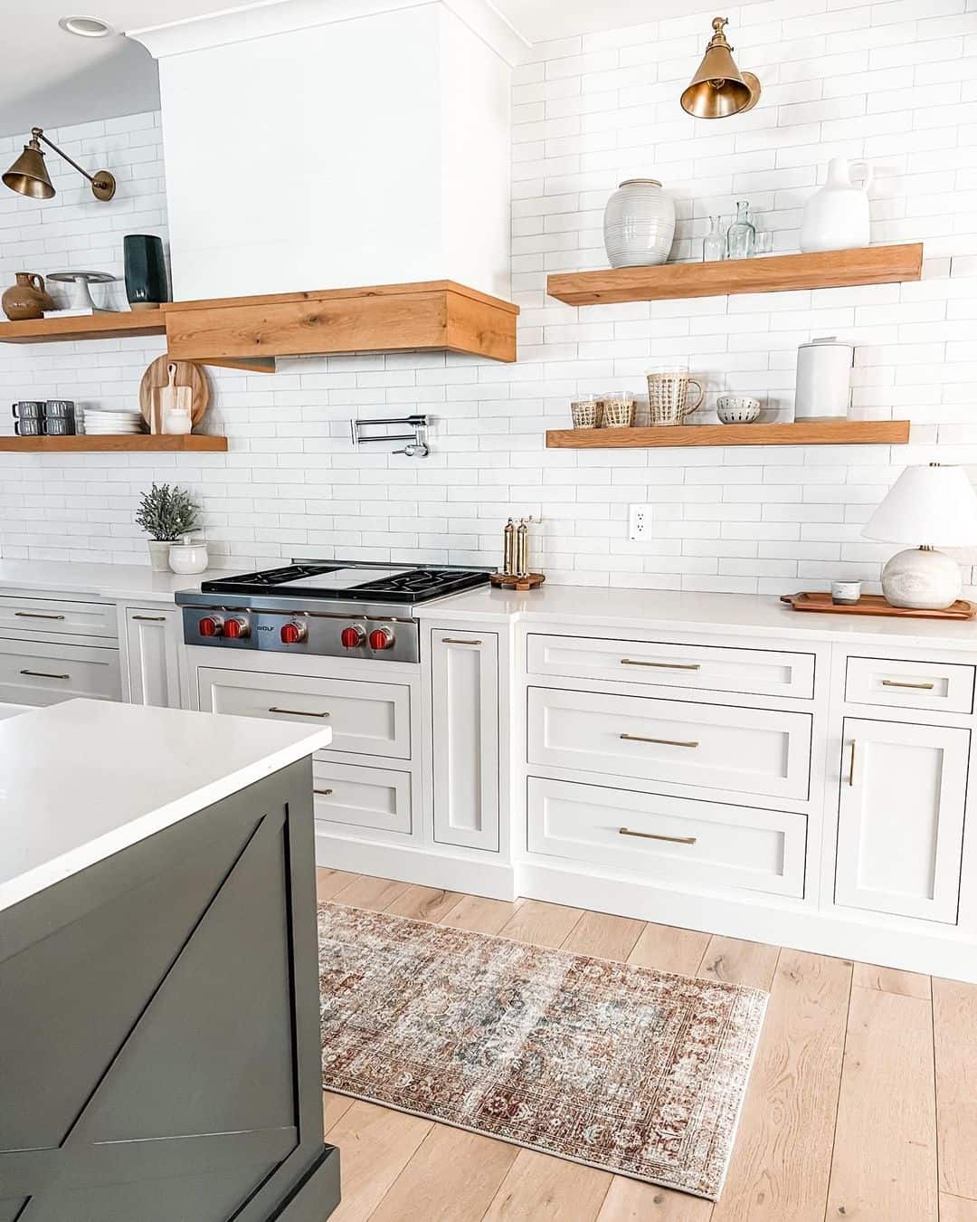 Kitchen with White Tile Backsplash and Wooden Elements