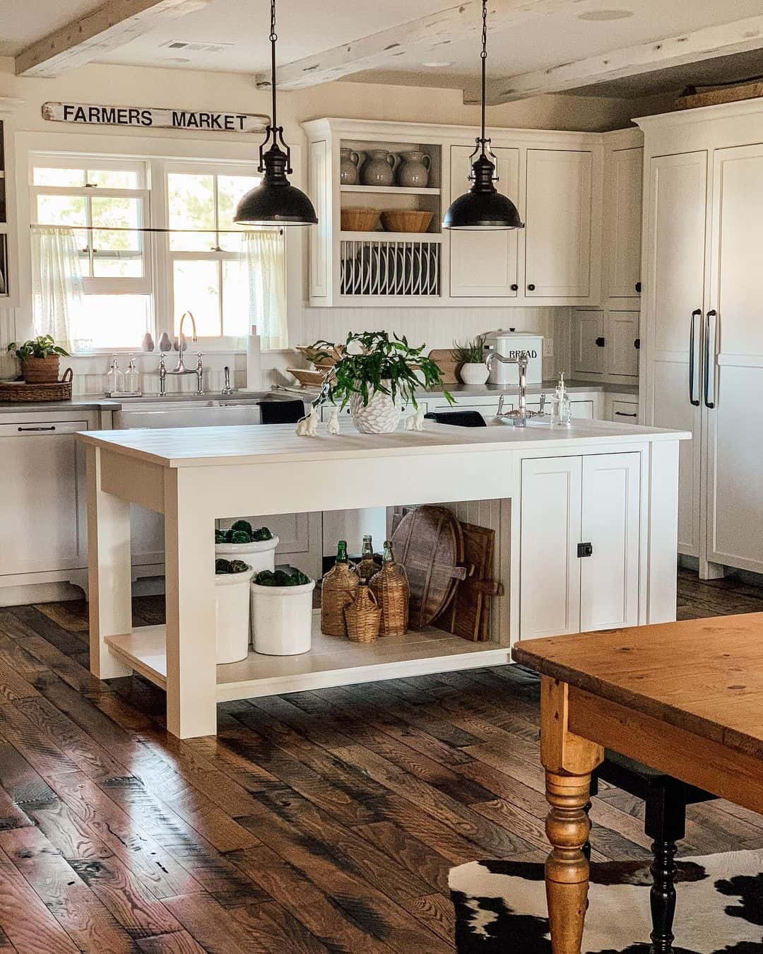 Open Shelves with White Canisters on Kitchen Island