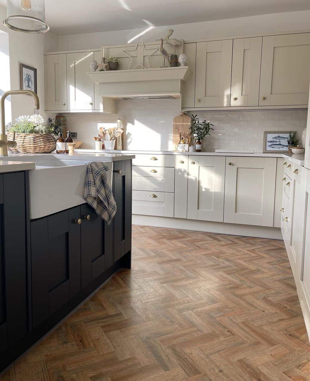 Two-toned Kitchen with Herringbone Flourish