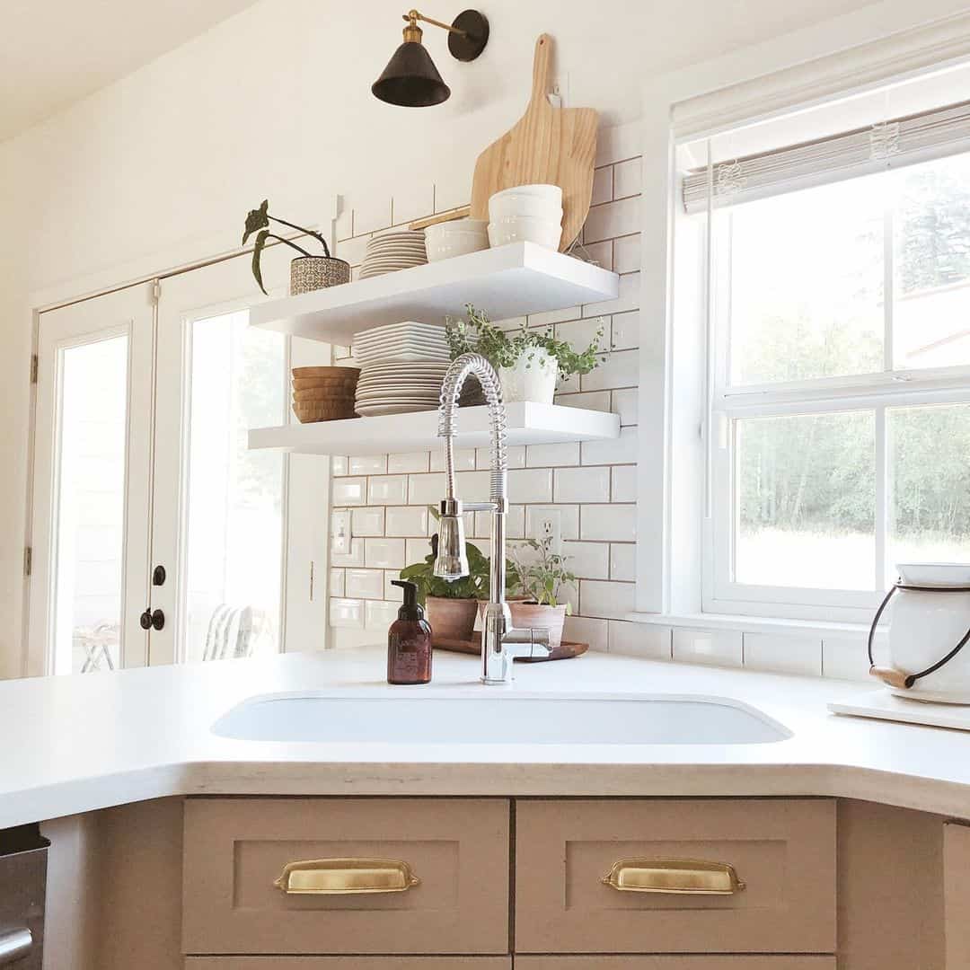 White Floating Shelves with Greenery Embellishments