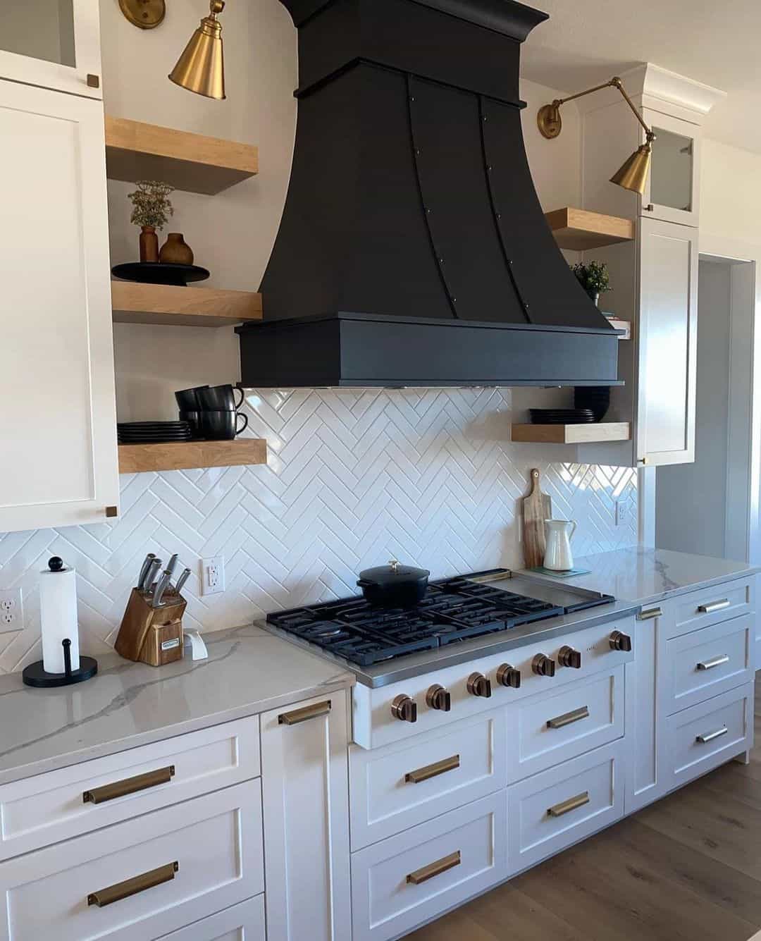 White Herringbone Backsplash with Black Counter