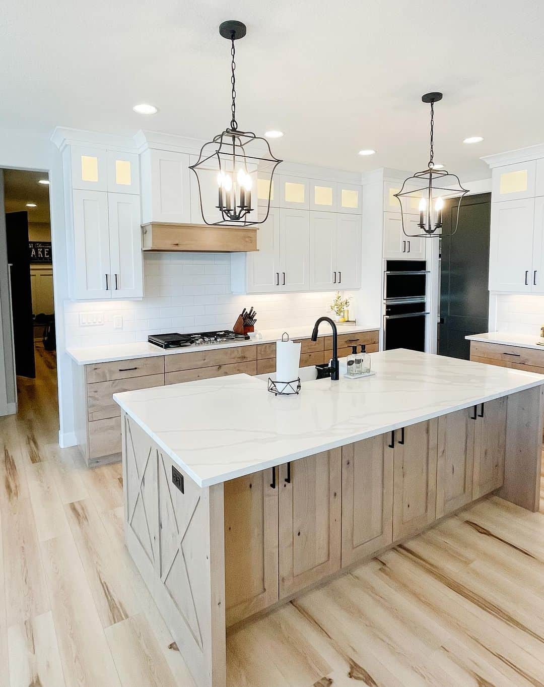 White Quartz-Adorned Farmhouse Kitchen Island