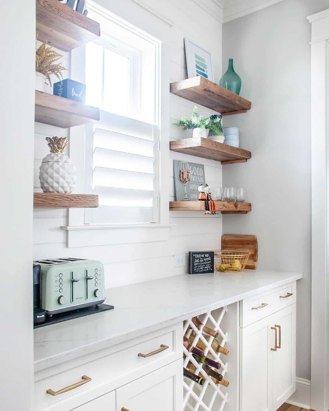 Wooden Shelves in a White Kitchen
