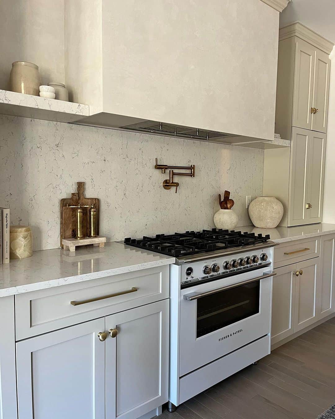 Beige Shaker Cabinets and White Kitchen Range Combination
