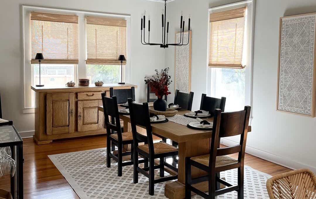 Chic Dining Room Setting with Black Ceiling