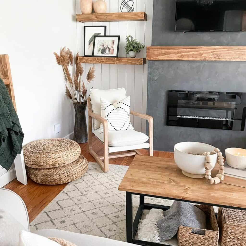 Coastal Vibe with Wood Accents Around a Gray Fireplace
