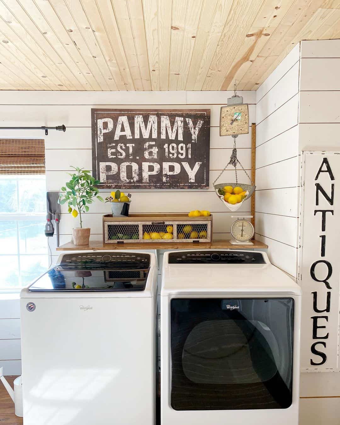 Countryside Laundry Retreat Featuring Shiplap Ceiling