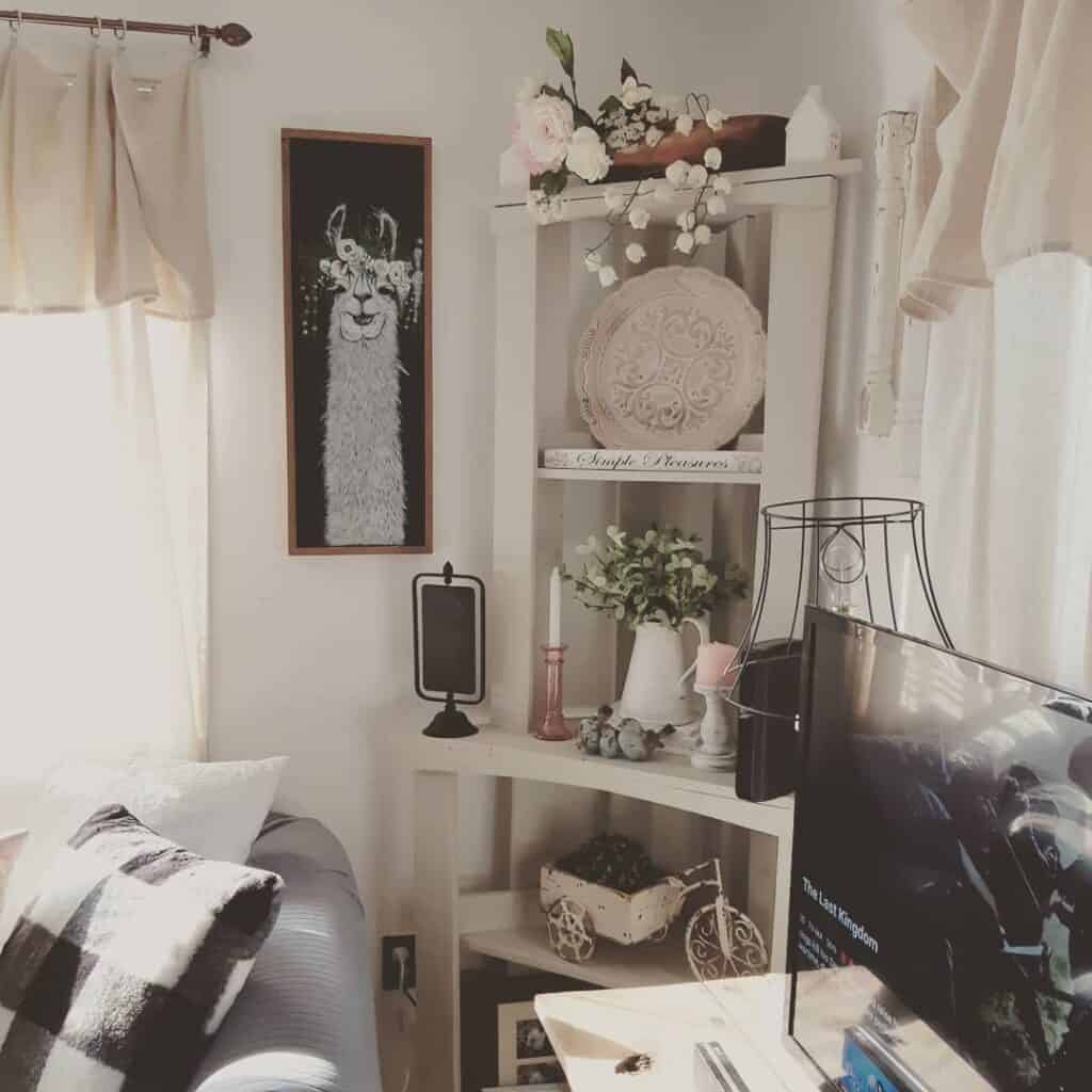 Cozy Living Room with White Corner Shelf