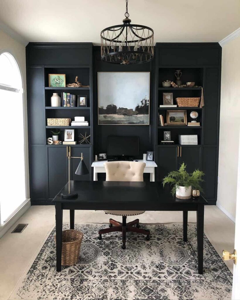 Home Office Enhanced with Black Built-in Shelves