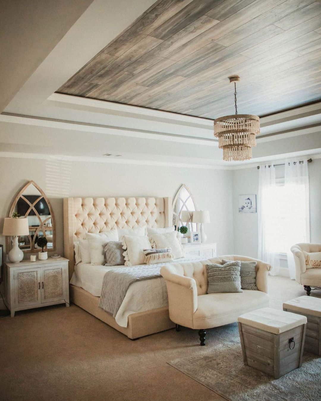 Rustic Bedroom Oasis with Wooden Tray Ceiling