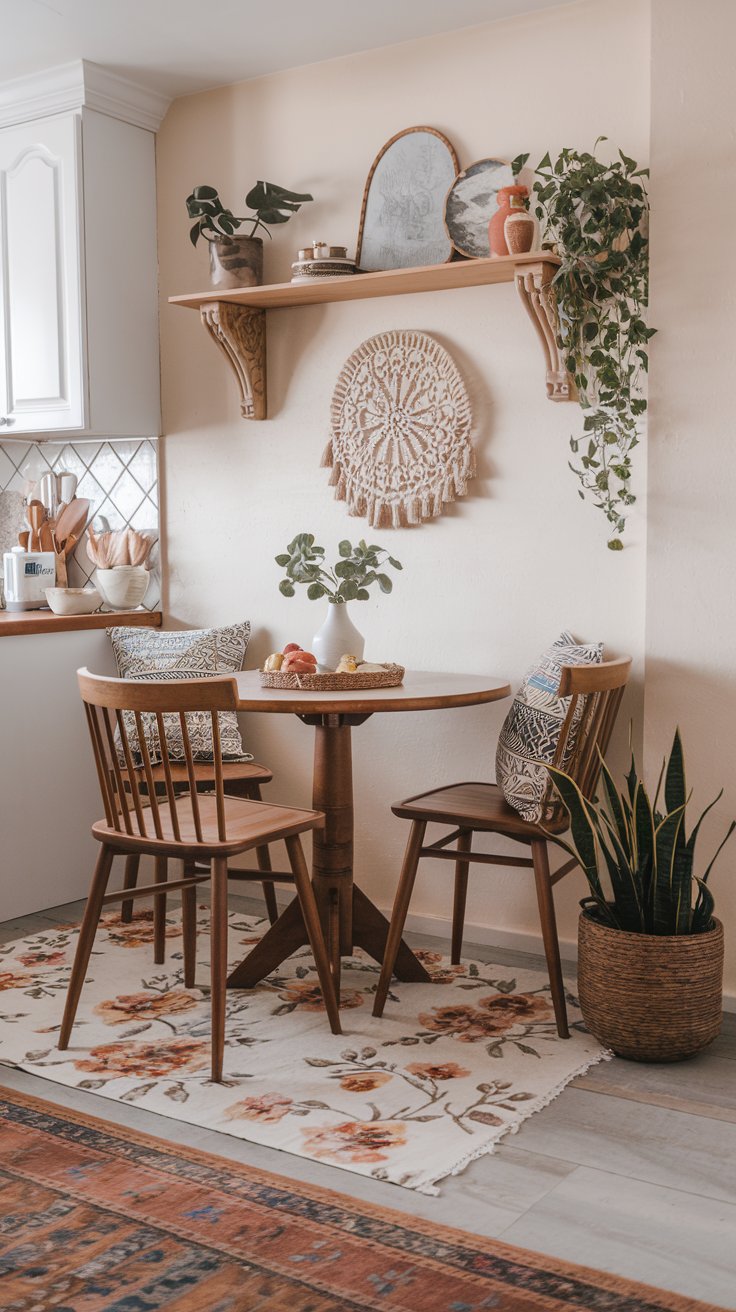 A photo of a beautiful boho kitchen breakfast nook with a floral rug beneath the table. The nook has a wooden table and chairs. There's a plant in a pot on the floor. The wall has a shelf with decorative items. The floor has a patterned rug. The overall space has a warm and inviting atmosphere.